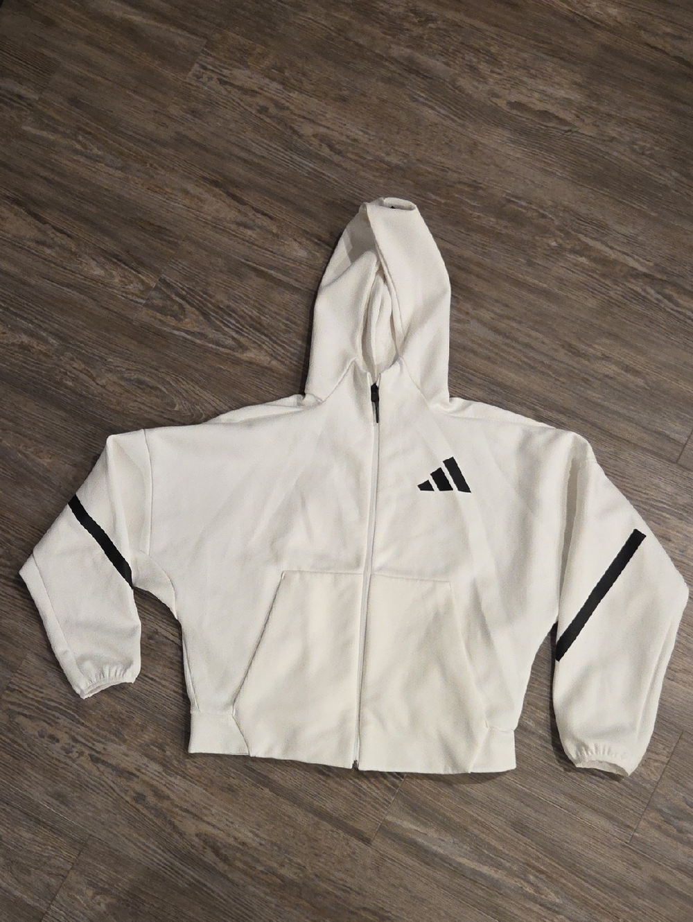 adidas Cream Full-Zip Hooded Sports Jacket with Black Stripe Details